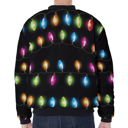 Colorful Christmas Lights Print Zip Sleeve Bomber Jacket