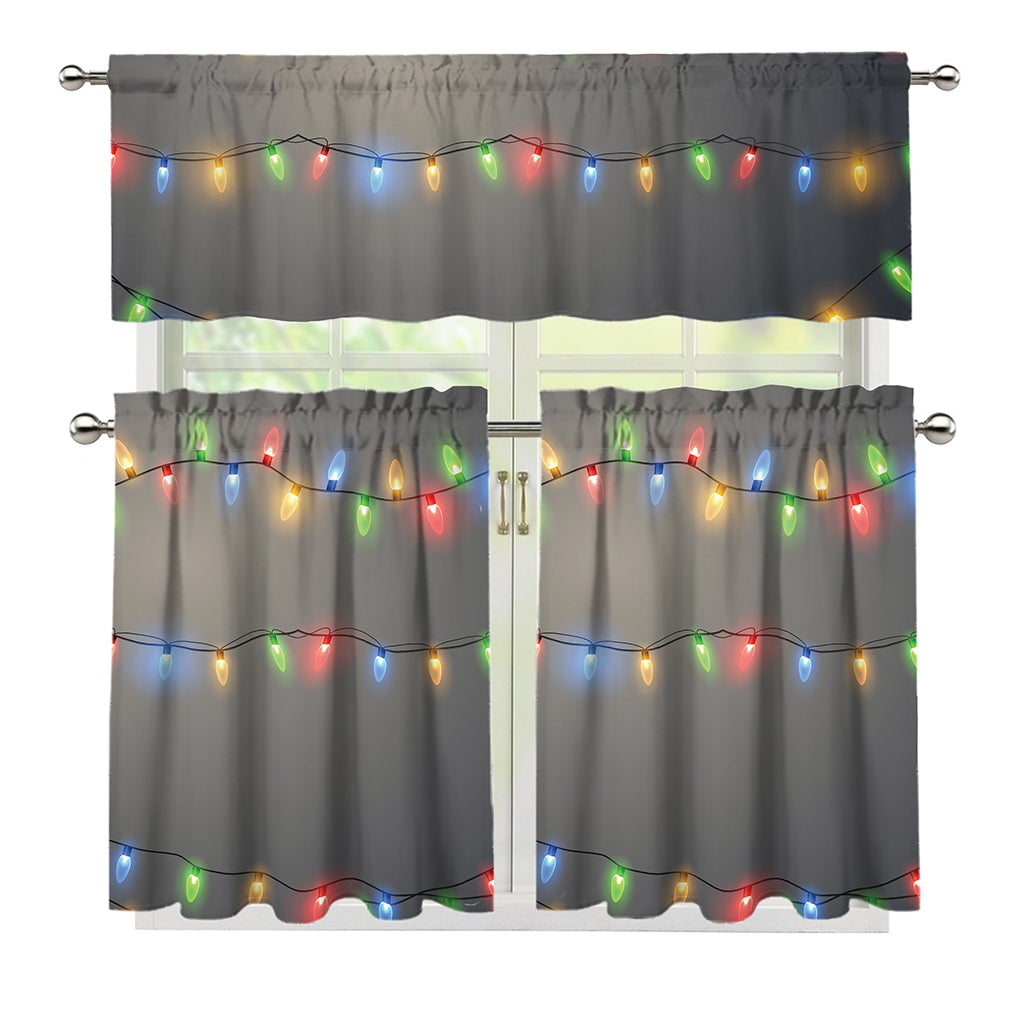 Colorful Christmas String Lights Print 3 Piece Kitchen Curtains