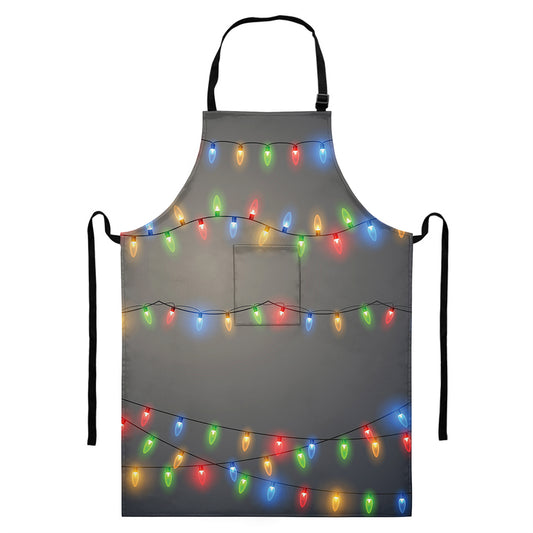 Colorful Christmas String Lights Print Bib Apron With Pocket