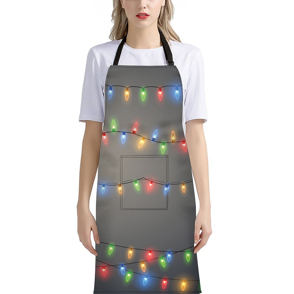 Colorful Christmas String Lights Print Bib Apron With Pocket