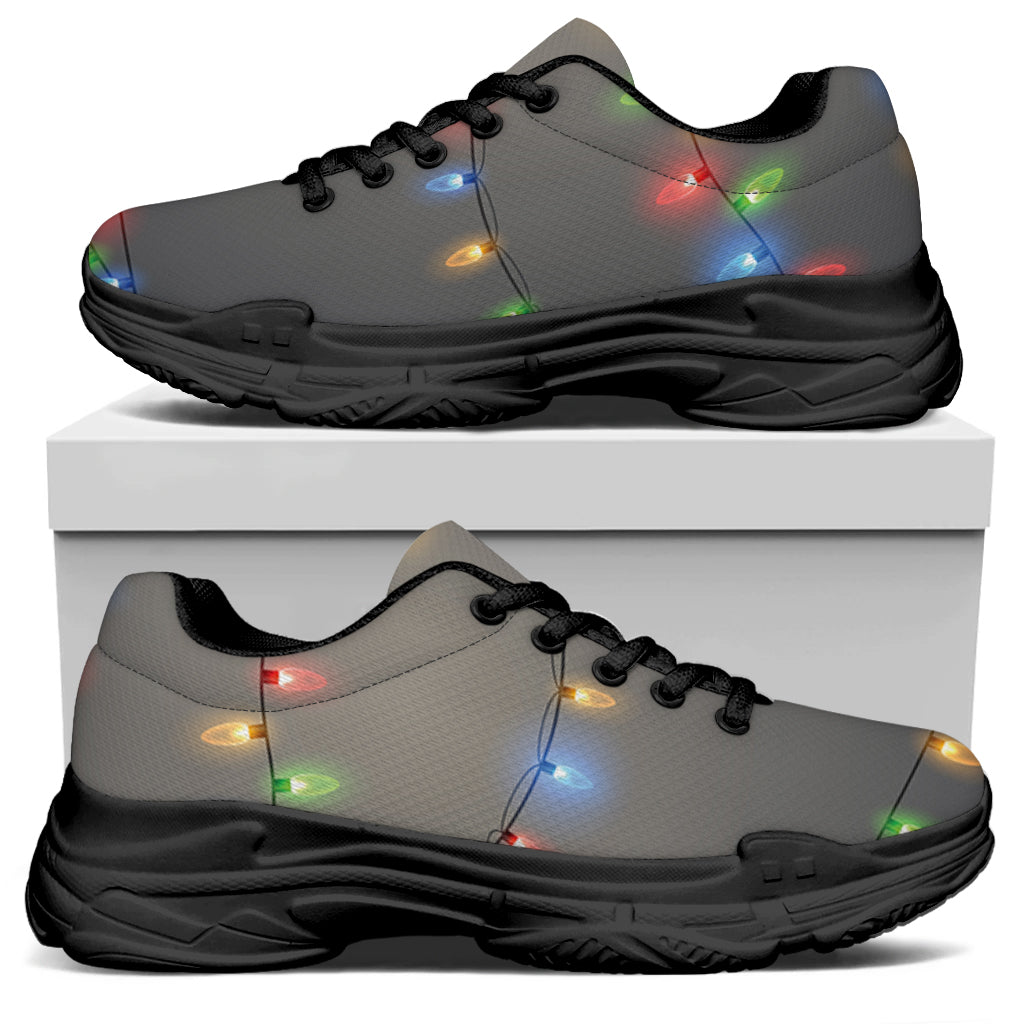 Colorful Christmas String Lights Print Black Chunky Shoes