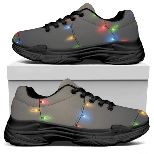 Colorful Christmas String Lights Print Black Chunky Shoes