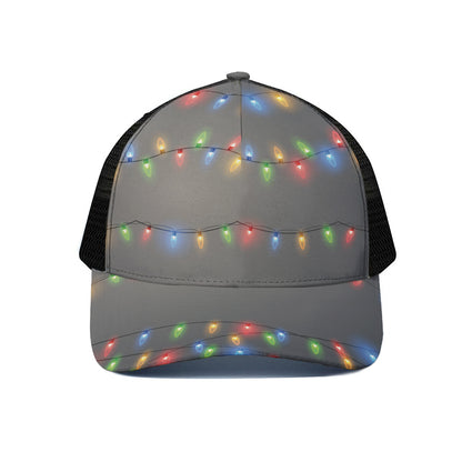 Colorful Christmas String Lights Print Black Mesh Trucker Cap