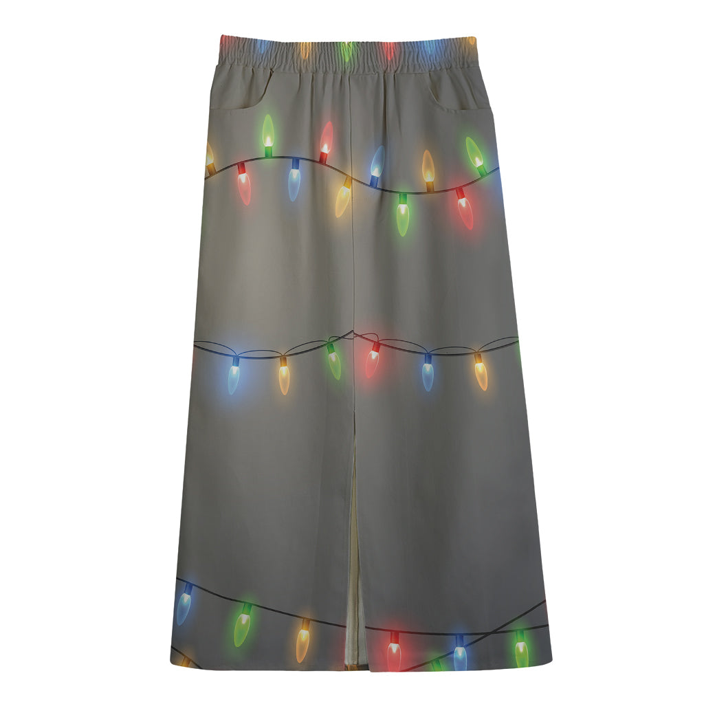 Colorful Christmas String Lights Print Cotton Front Slit Maxi Skirt