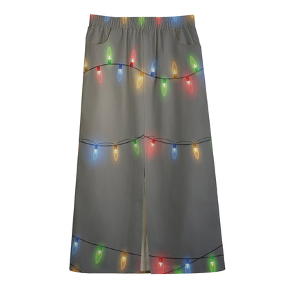 Colorful Christmas String Lights Print Cotton Front Slit Maxi Skirt