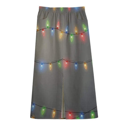 Colorful Christmas String Lights Print Cotton Front Slit Maxi Skirt