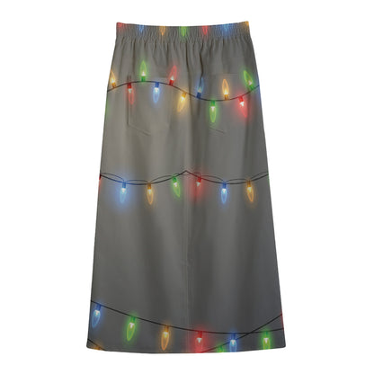 Colorful Christmas String Lights Print Cotton Front Slit Maxi Skirt