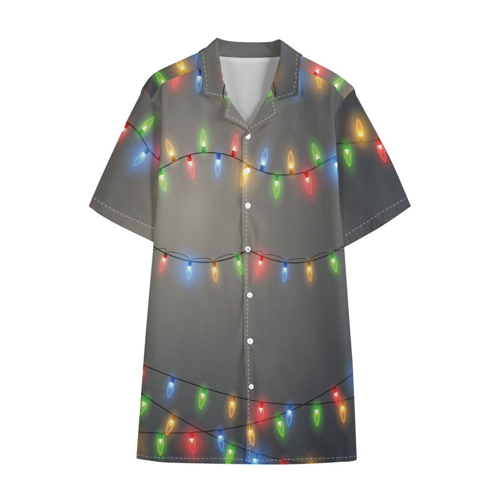 Colorful Christmas String Lights Print Cotton Hawaiian Shirt