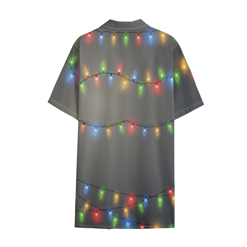 Colorful Christmas String Lights Print Cotton Hawaiian Shirt