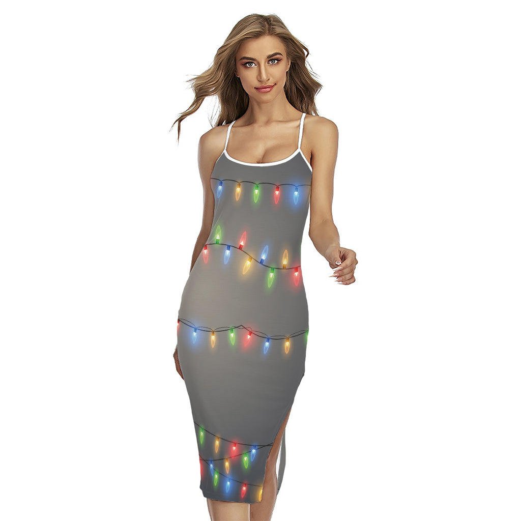 Colorful Christmas String Lights Print Cross Back Cami Dress