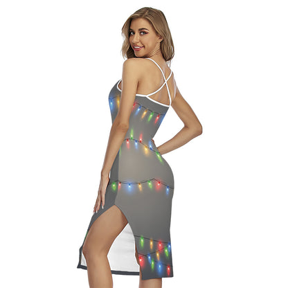 Colorful Christmas String Lights Print Cross Back Cami Dress
