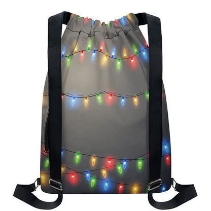 Colorful Christmas String Lights Print Drawstring Backpack