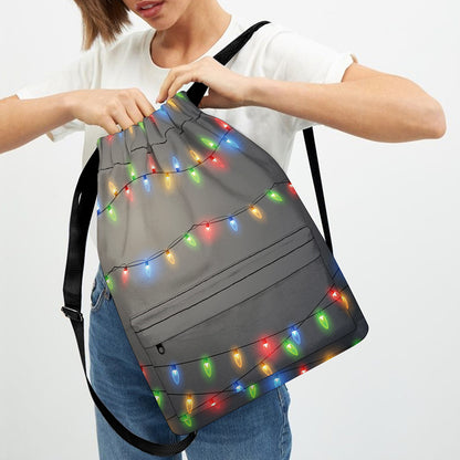 Colorful Christmas String Lights Print Drawstring Backpack