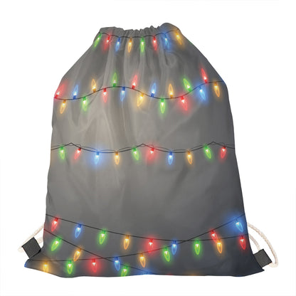 Colorful Christmas String Lights Print Drawstring Bag