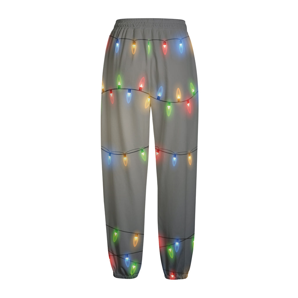 Colorful Christmas String Lights Print Fleece Lined Knit Pants
