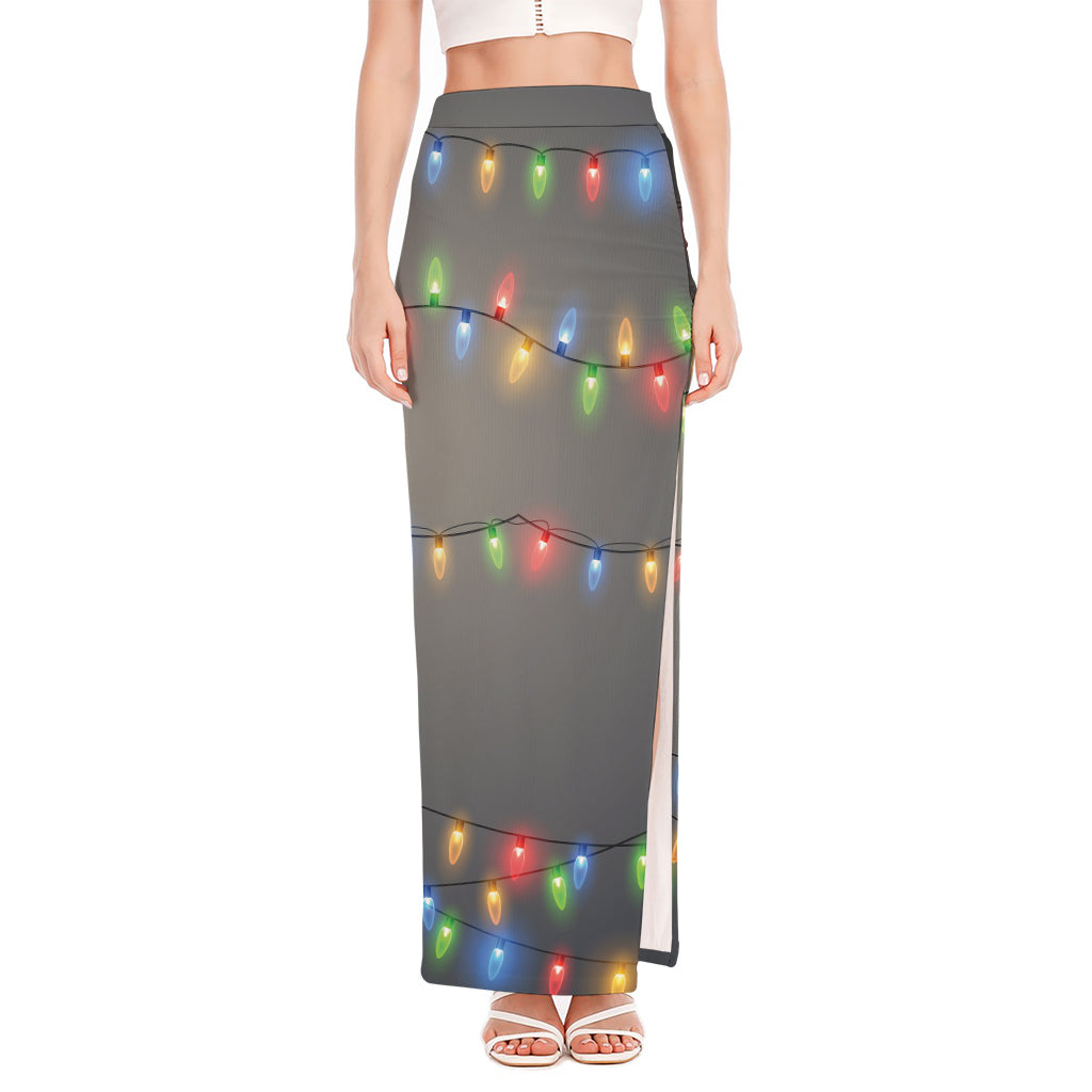 Colorful Christmas String Lights Print High Slit Maxi Skirt