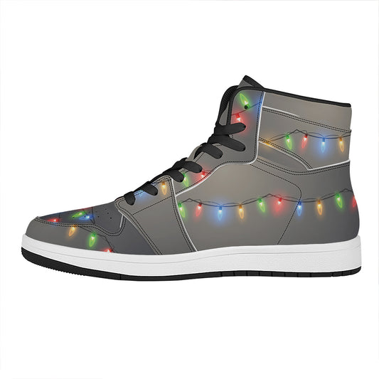 Colorful Christmas String Lights Print High Top Leather Sneakers