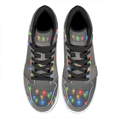 Colorful Christmas String Lights Print High Top Leather Sneakers