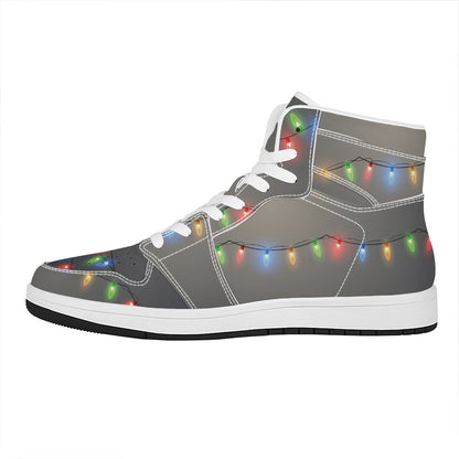 Colorful Christmas String Lights Print High Top Leather Sneakers