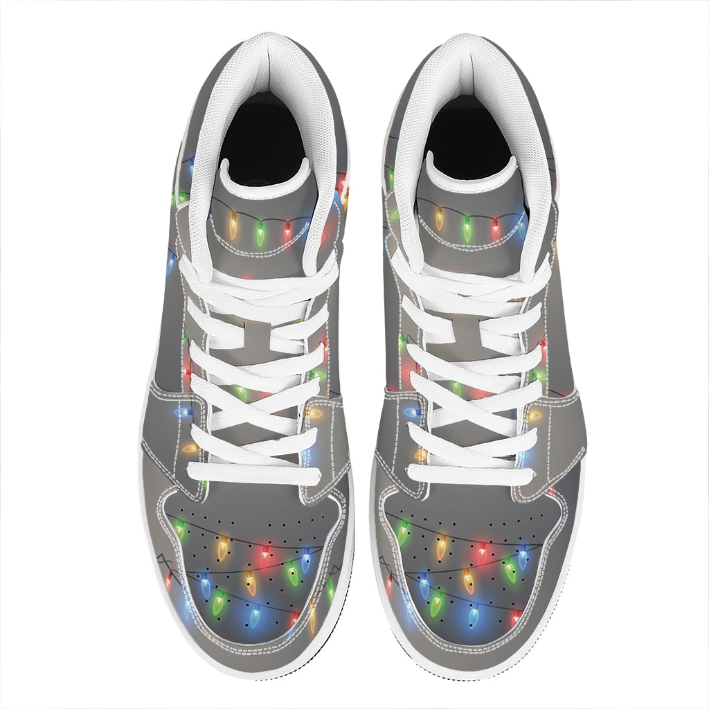 Colorful Christmas String Lights Print High Top Leather Sneakers