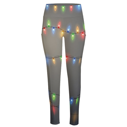 Colorful Christmas String Lights Print High-Waisted Pocket Leggings