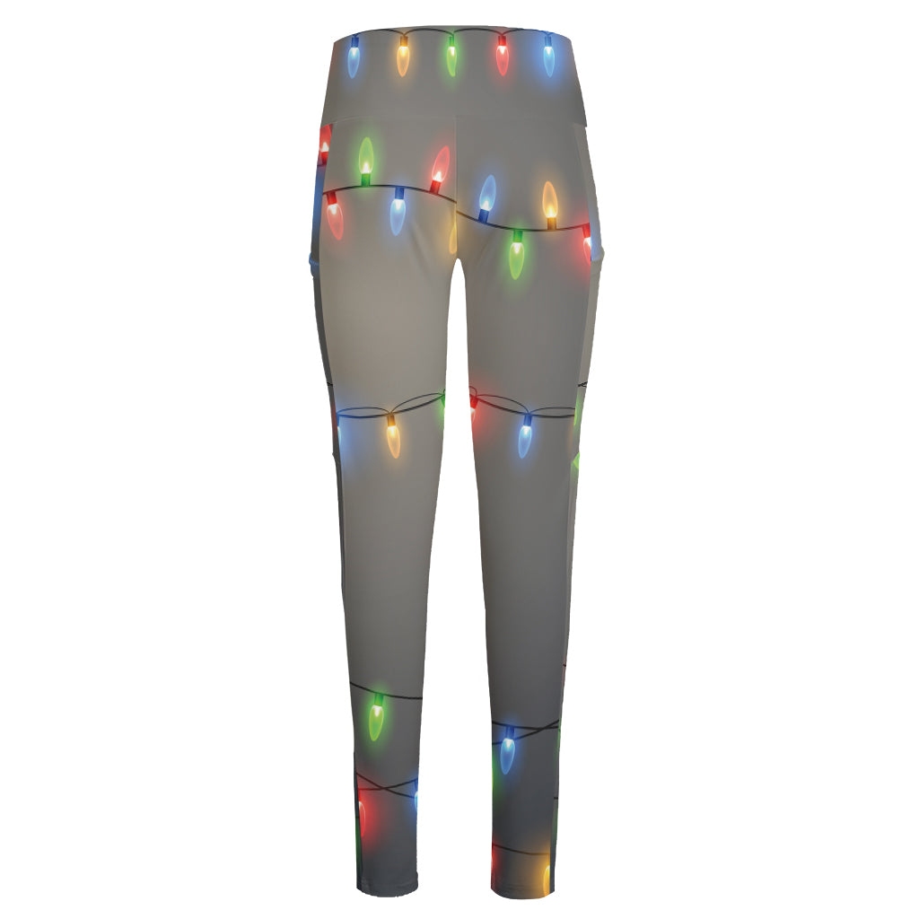 Colorful Christmas String Lights Print High-Waisted Pocket Leggings