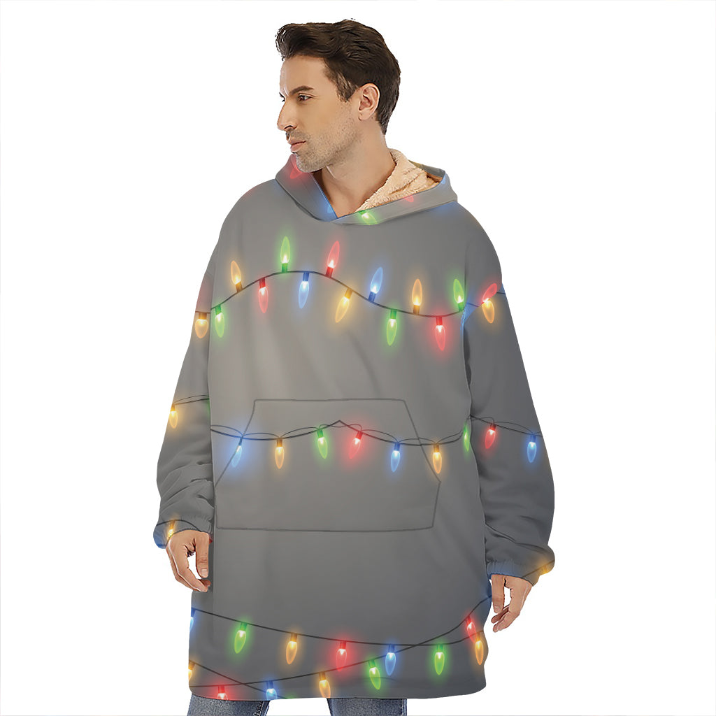Colorful Christmas String Lights Print Hoodie Blanket
