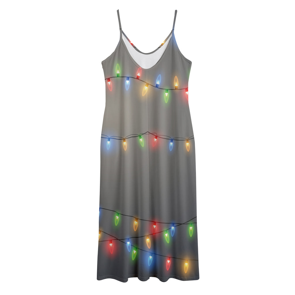 Colorful Christmas String Lights Print Jersey Midi Cami Dress