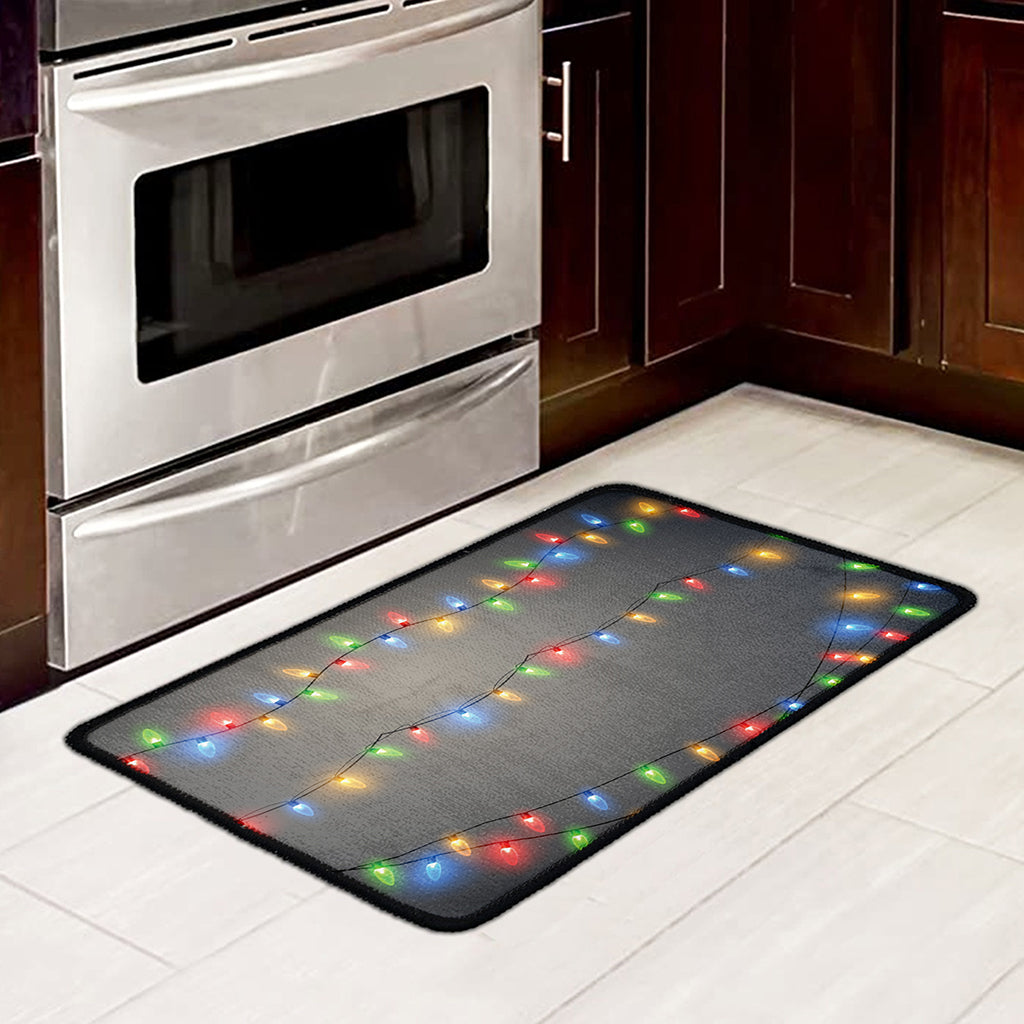 Colorful Christmas String Lights Print Kitchen Mat