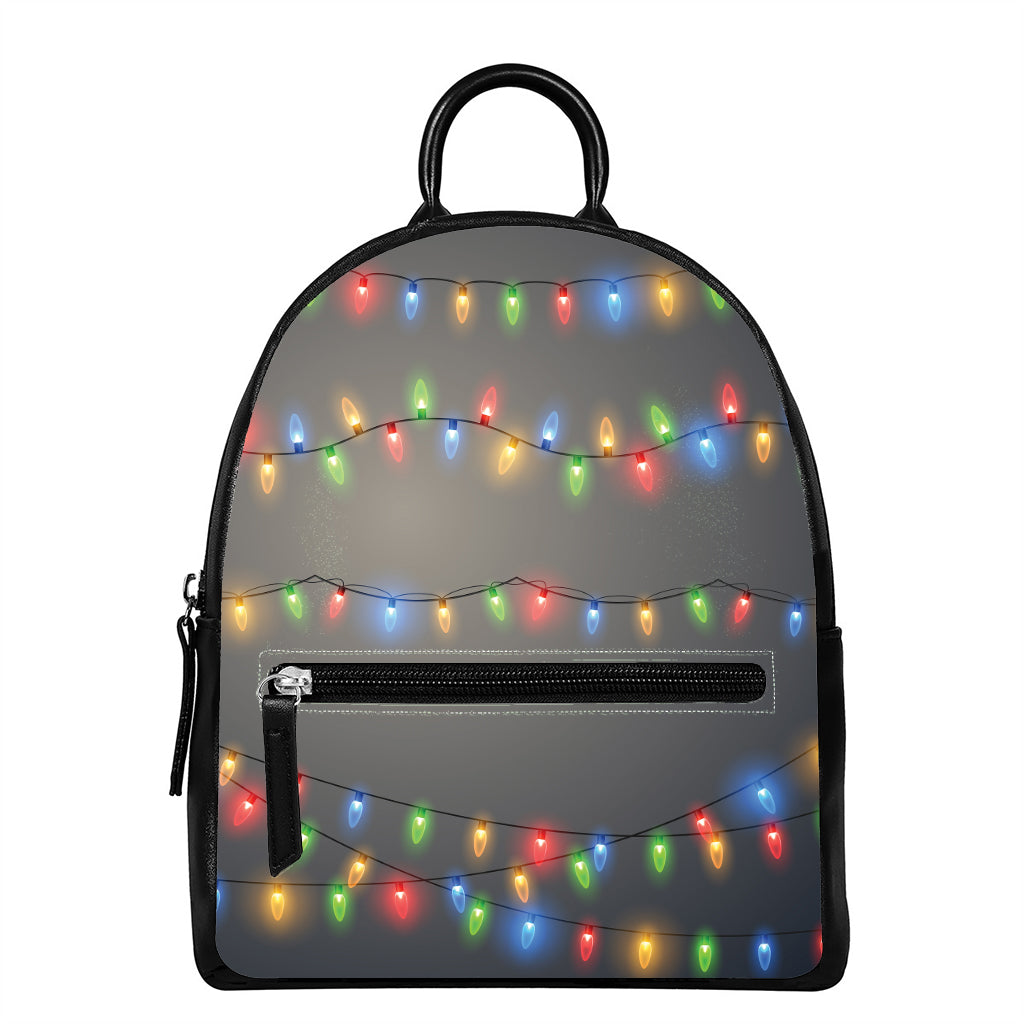 Colorful Christmas String Lights Print Leather Backpack