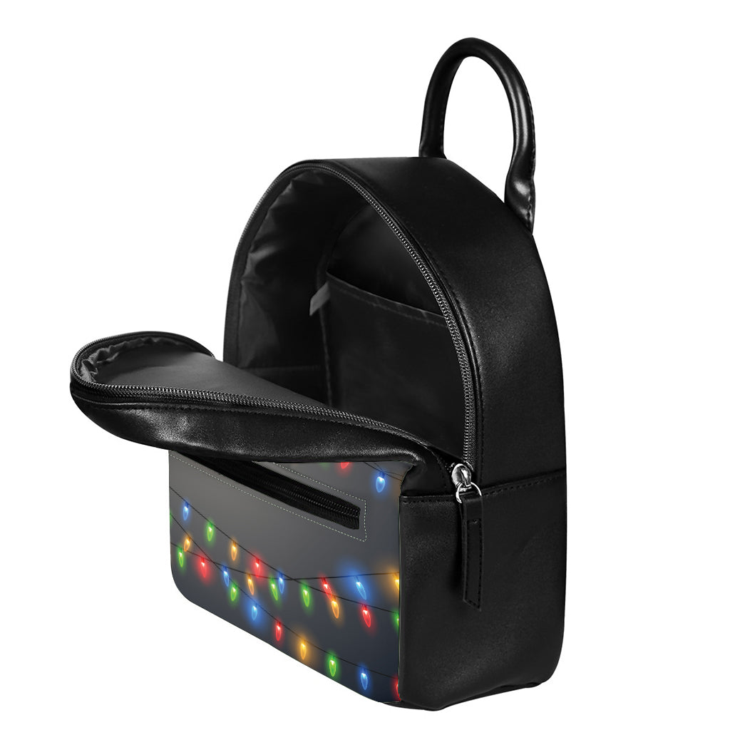 Colorful Christmas String Lights Print Leather Backpack