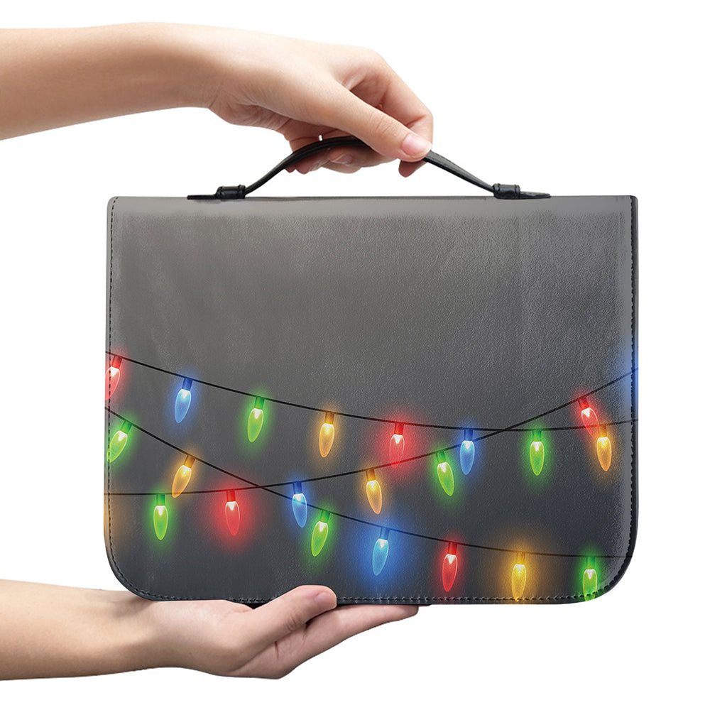 Colorful Christmas String Lights Print Leather Bible Cover