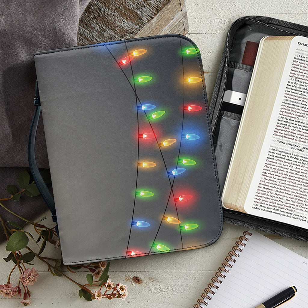 Colorful Christmas String Lights Print Leather Bible Cover