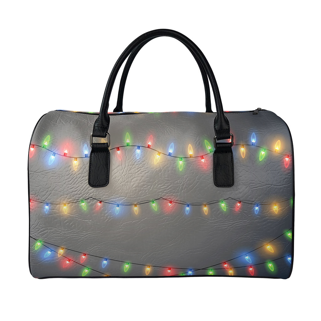 Colorful Christmas String Lights Print Leather Duffle Bag