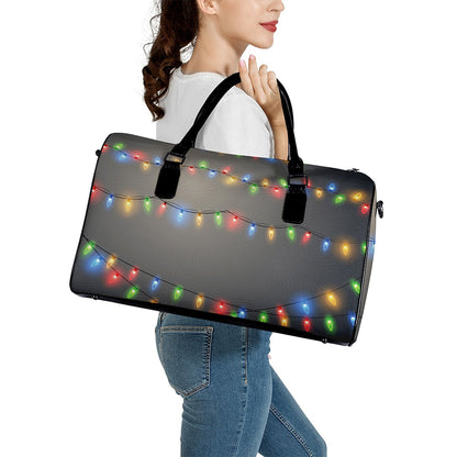 Colorful Christmas String Lights Print Leather Duffle Bag