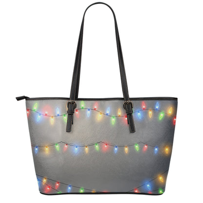 Colorful Christmas String Lights Print Leather Tote Bag