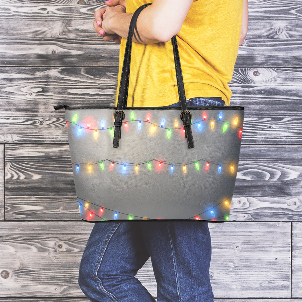 Colorful Christmas String Lights Print Leather Tote Bag