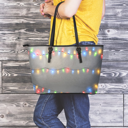 Colorful Christmas String Lights Print Leather Tote Bag