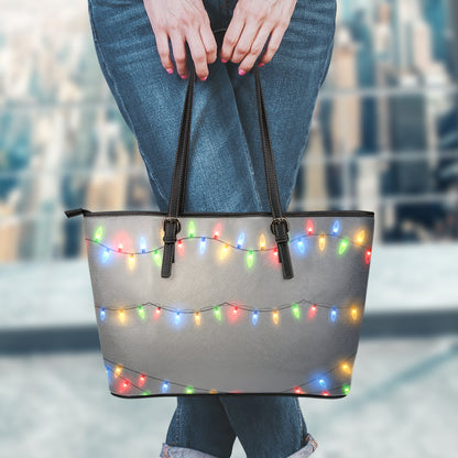 Colorful Christmas String Lights Print Leather Tote Bag