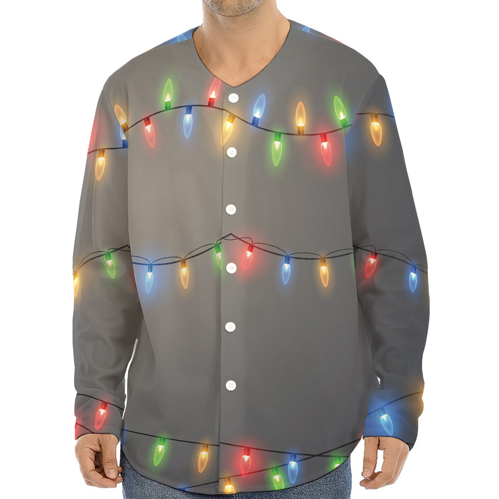 Colorful Christmas String Lights Print Long Sleeve Baseball Jersey