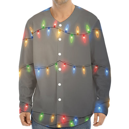 Colorful Christmas String Lights Print Long Sleeve Baseball Jersey