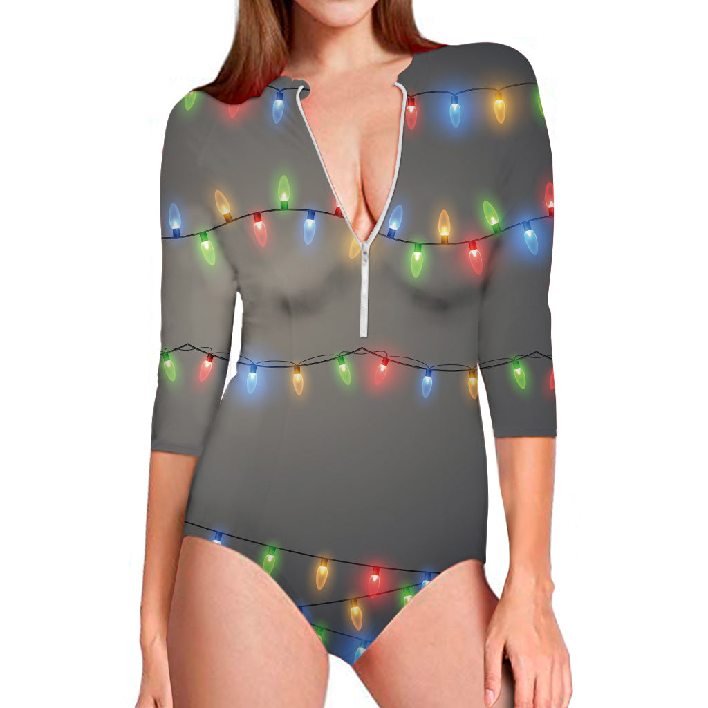 Colorful Christmas String Lights Print Long Sleeve Swimsuit