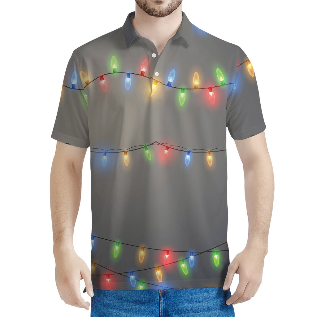 Colorful Christmas String Lights Print Men's Polo Shirt