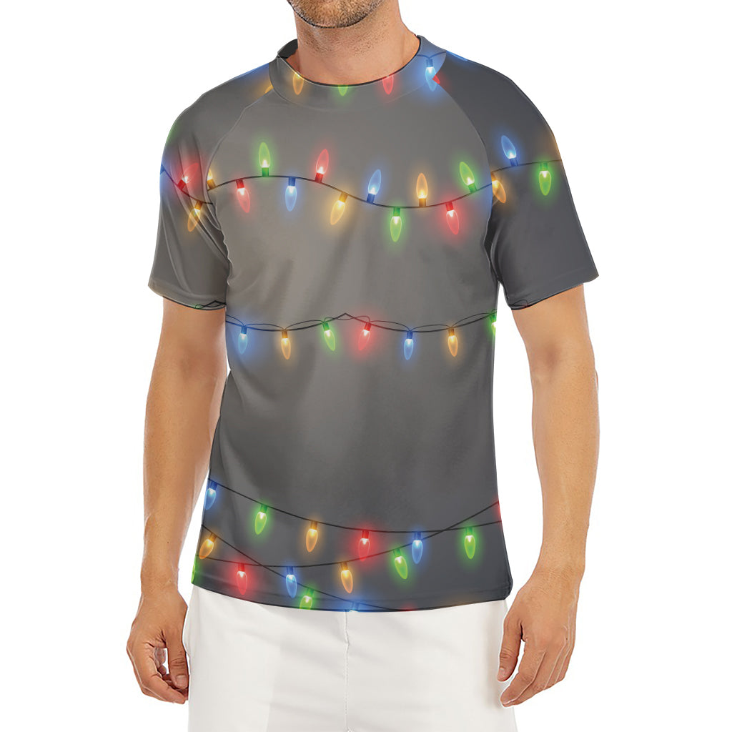 Colorful Christmas String Lights Print Men's Short Sleeve Rash Guard