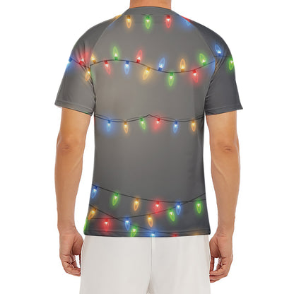 Colorful Christmas String Lights Print Men's Short Sleeve Rash Guard