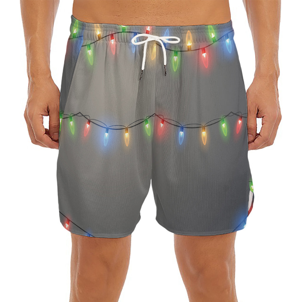 Colorful Christmas String Lights Print Men's Split Running Shorts