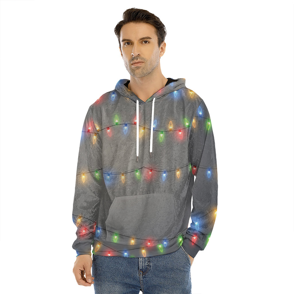 Colorful Christmas String Lights Print Men's Velvet Pullover Hoodie