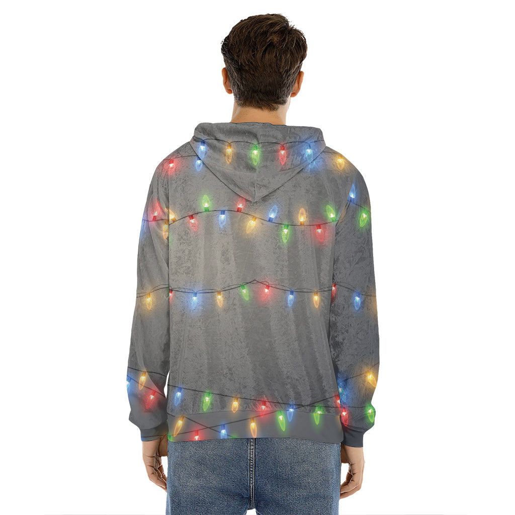 Colorful Christmas String Lights Print Men's Velvet Pullover Hoodie