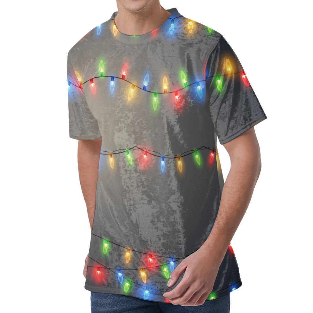 Colorful Christmas String Lights Print Men's Velvet T-Shirt
