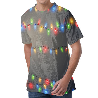 Colorful Christmas String Lights Print Men's Velvet T-Shirt